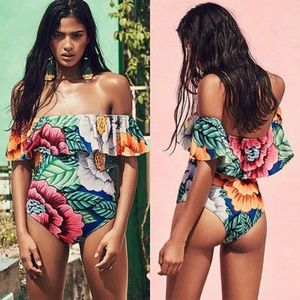Maykool Floral Off Shoulder Ruffled 1 Piece Swimsuit EUC sz L